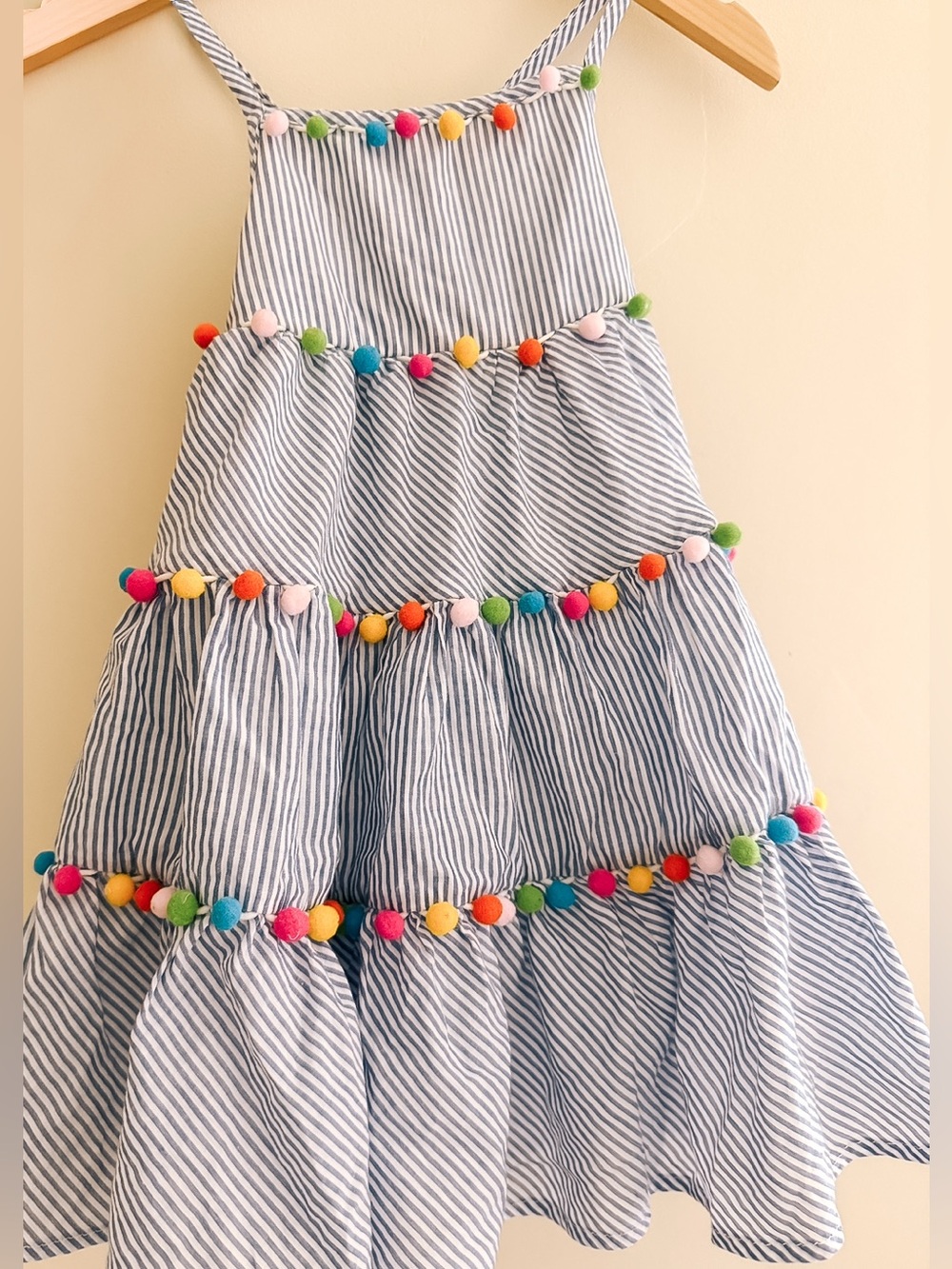 Striped Blue & White Pom-Pom Tiered Sundress